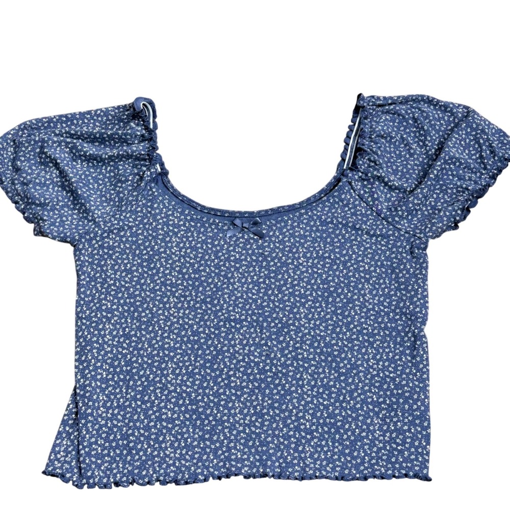 American Eagle Blue Floral Puff Sleeve Top Womens Large Coquette Festival Casual